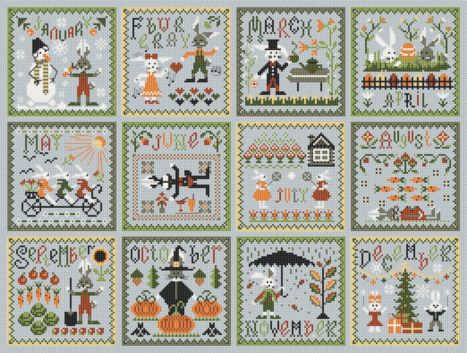 Cross Stitch Months Year Bunny Pattern PDF Primitive Modern Etsy