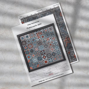 Może przedstawiać: Wz&oacute;r na haft krzyżykowy do patchworku z czarną ramą. Wz&oacute;r nazywa się "Patchwork 005" i został zaprojektowany przez Rainbow Hunter. Rozmiar wzoru to 18,21 x 18,21 cali lub 46,26 x 46,26 cm.