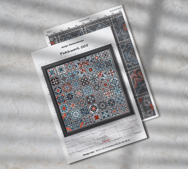 Może przedstawiać: Wz&oacute;r na haft krzyżykowy do patchworku z czarną ramą. Wz&oacute;r nazywa się "Patchwork 005" i został zaprojektowany przez Rainbow Hunter. Rozmiar wzoru to 18,21 x 18,21 cali lub 46,26 x 46,26 cm.