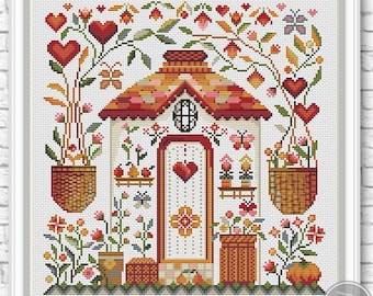Padrão de ponto cruz de casa floral em PDF – Amostra de casa de fazenda primitiva, casa de verão com corações, gráfico de bordado moderno, PDF digital 528