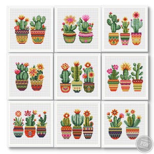 Kaktus Mini Kreuzstich 9-teilig, Kreuzstich Sampler kleiner einfacher Kaktus Stickdatei Set mexikanischer Stil Easy Cross Stitch PDF 526