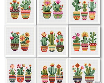 Kit de Ponto Cruz Mini Cactos, 9 Peças, Amostra de Ponto Cruz, Conjunto de Bordado de Cactos Fácil em Estilo Mexicano, PDF 526