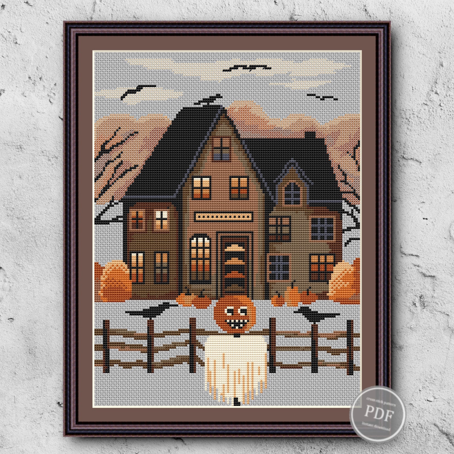 Sampler Autumn Village Pumpkins Cross Stitch Pattern Embroidery Digital ...