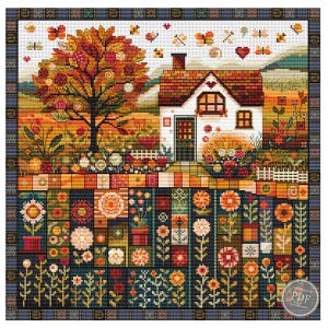 Herbst Dorf Kreuzstich PDF Muster - Herbst Haus Sampler, Märchenlandschaft, Vintage Volksgarten, PDF Digital Chart, Printable 540