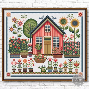 Cross Stitch Pattern Summer Garden. Floral Primitive. Cottage Sampler. Modern Cross Stitch. Summer House  Instant Digital PDF Download