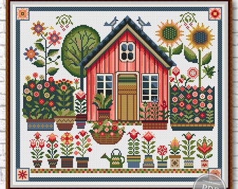 May include: A cross-stitch pattern featuring a red cottage with a white door and windows, surrounded by a garden with colorful flowers, plants, and sunflowers. The pattern includes a variety of floral designs, including tulips, roses, and daisies.