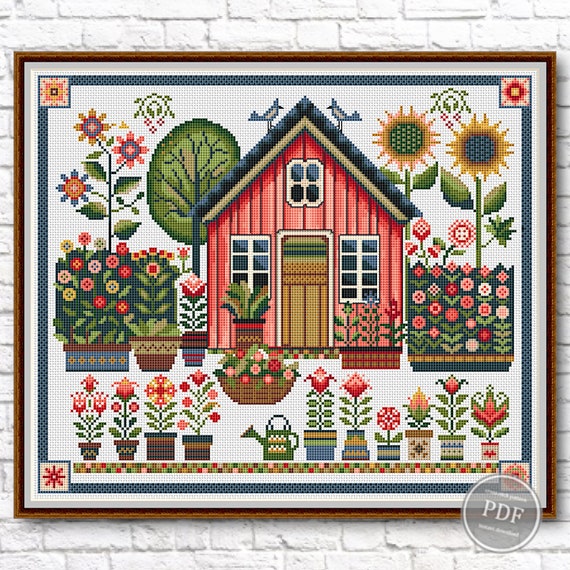 Preview of Cross Stitch Pattern Summer Garden. Floral Primitive. Cottage Sampler. Modern Cross Stitch. Summer House  Instant Digital PDF Download by NARAxStitchPatterns