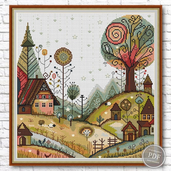 Preview of Cross stitch pattern. Village houses. Fairytale cross stitch. Modern cross stitch. PatternKeeper compatible. Instant download of PDF by NARAxStitchPatterns