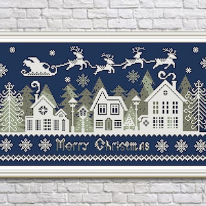 Santa Claus Christmas Cross Stitch Pattern – Winter Night Embroidery PDF, Flying Santa over Village Sampler, Christmas Houses Decor 263