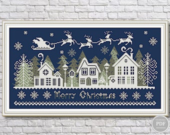 Santa Claus Christmas Cross Stitch Pattern – Winter Night Embroidery PDF, Flying Santa over Village Sampler, Christmas Houses Decor 263