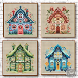 Cross stitch Set 4 patterns Sweet Home, Flowers. Red, Blue, Green and Turquoise Scandinavian houses cross stitch. Cottage flowers