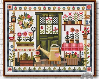 Kreuzstichmuster Sommer Garten. Florales Primitive. Landhaus Sampler. Moderner Kreuzstich. Sommer Haus Instant Digital PDF Download