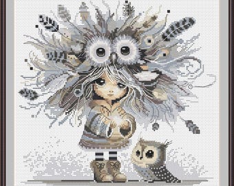 Patrón de punto de cruz de búho en PDF, arte de pared para habitación infantil de niña y búho, decoración caprichosa de bosque para habitación de bebé, gráfico para niña, descarga instantánea 569
