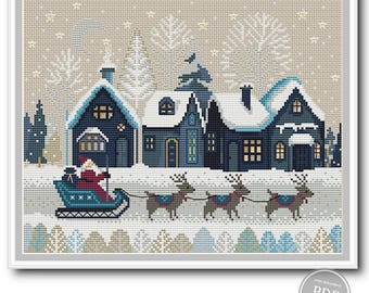 Patrón de punto de cruz de pueblo navideño en PDF, trineo de Papá Noel y renos, acogedoras casas de invierno, bordado navideño nórdico, descarga instantánea 537