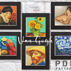 May include: A set of six framed cross-stitch patterns featuring famous paintings by Vincent van Gogh. The patterns include "The Starry Night", "Sunflowers", "Self-Portrait", "The Potato Eaters", "Wheatfield with Crows", and "The Bedroom at Arles".
