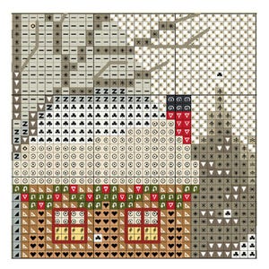 Fragment of the cross stitch chart with clear black and white symbols, showing window details, rooftops, and tree outlines. Suitable for confident stitchers. High-quality printable pattern for winter embroidery projects.