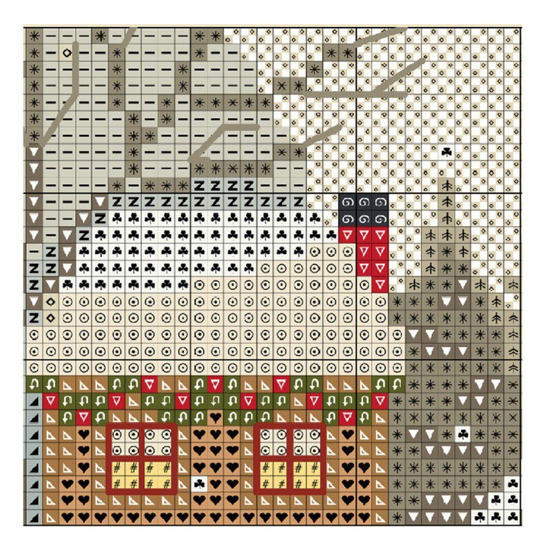 Fragment of the cross stitch chart with clear black and white symbols, showing window details, rooftops, and tree outlines. Suitable for confident stitchers. High-quality printable pattern for winter embroidery projects.