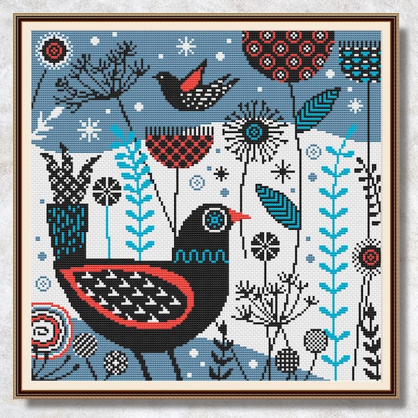 Nordic style bird cross stitch pattern PDF Scandinavian Simple embroidery Winter Counted cross stitch chart Primitive xstitch