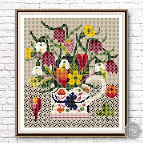 Preview of Cross stitch pattern Flower vase # 2, Flowers in a Vase PDF, cross stitch, Beautiful bouquet, Instant design download. Digital PDF by NARAxStitchPatterns