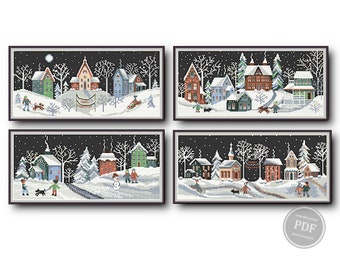 May include: Four cross-stitch patterns of winter scenes with houses, trees, and snow. Each pattern features a different scene with a snowy village.