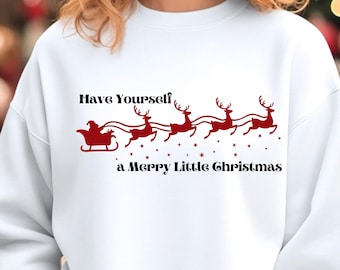 Santa Sleigh Christmas Sweatshirt, Reindeer Graphic, Merry Little Christmas Tee