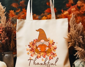 Herbstliche Canvas-Tragetasche mit dankbarem Gnom, ideal für den Thanksgiving-Bauernmarkt