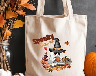 Spooky Season Ghost & Pumpkins Cotton Canvas Tote Bag
