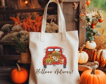 Borsa tote in tela autunnale, Borsa tote in tela con camioncino rosso, Zucche, Regalo autunnale, Borsa tote "Ciao Autunno", Borsa tote per il mercato contadino, Borsa tote autunnale