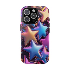 Star Phone Case, Y2K Aesthetic, Metallic Chrome Stars Design Phone Case Cover for iPhone 16 15 14 13 12 Pro Max Samsung Galaxy S25 S24 S23