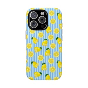 Lemons and Stripes Handyhülle, Sommer Zitrone Blau Gestreifte Handyhülle für iPhone 16 15 14 13 12 Samsung S25 S24, Handyhülle mit Zitronenmuster