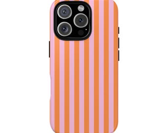 Pink Orange Striped iPhone Case, Aesthetic Phone Cover