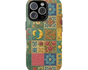 Floral Tile Print Phone Case, Vintage Ceramic Design