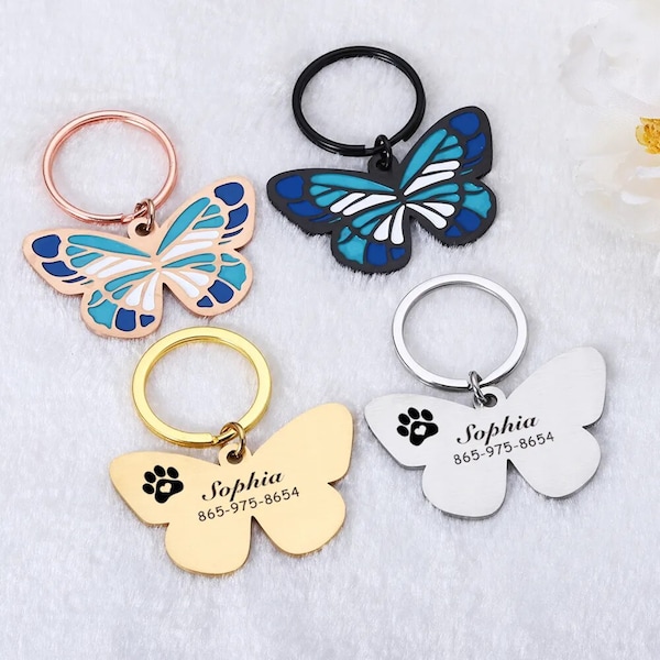 Butterfly Personalized Engraved Pet ID Tag Custom Dogs and Cats Tag Dog Name Tag Engraved Dog Tag Cat Name Tags