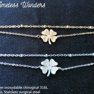 Pulseira de trevo de 4 folhas com duas fileiras, banhada a ouro fino ou prata, hipoalergênica, aço cirúrgico antimanchas/presente ideal
