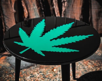 Cannabis Weed Design Wooden Epoxy Coffee Table, Side Table, Round Table