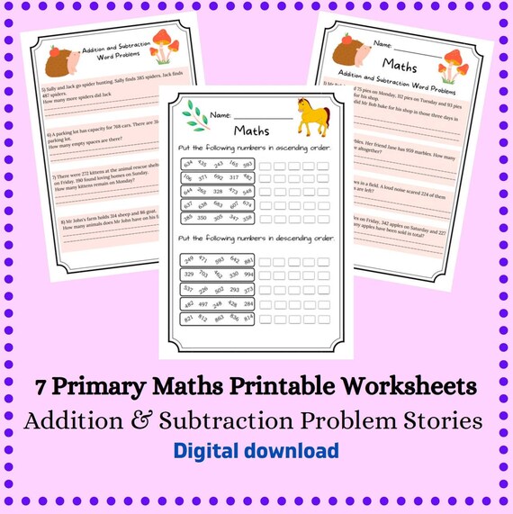 6 Primary Maths Printable Worksheets Addition &amp; Subtraction - Etsy