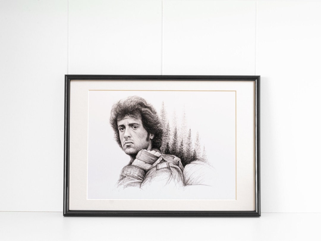 Dibujo de Rambo / Sylvester Stallone en marco y paspartú - Etsy España