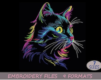 Cat Machine Embroidery Design, Fluffy Rainbow Cat, Cat face embroidery design, Machine embroidery file, Instant download, 7 sizes