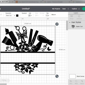 May include: Black and white design of hair styling tools, including scissors, combs, a hair dryer, and a curling iron, with floral accents and butterflies. The design is set against a white background and is ready to be cut out using a Cricut machine.