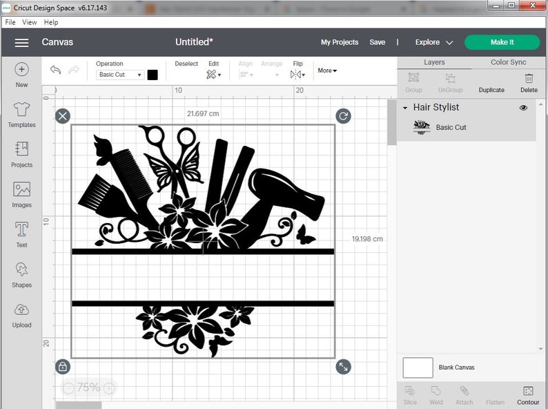 May include: Black and white design of hair styling tools, including scissors, combs, a hair dryer, and a curling iron, with floral accents and butterflies. The design is set against a white background and is ready to be cut out using a Cricut machine.