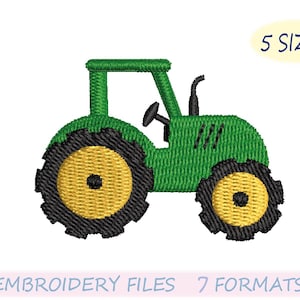 May include: Green tractor embroidery design with black and yellow wheels. The design includes the text "5 SIZES" and "EMBROIDERY FILES 7 FORMATS".
