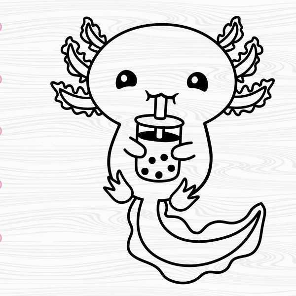 Axolotl Svg outline, Boba Sipping Axolotl, Boba Drink, Axolotl Outline, Axolotl Clipart, Cricut Svg, Svg Cut File