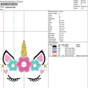 Peut inclure: Une fiche technique de production pour une broderie repr&eacute;sentant une t&ecirc;te de licorne avec une corne dor&eacute;e, des fleurs roses et turquoise, et des cils noirs. Le motif est intitul&eacute; "unicorn 90" et comprend des d&eacute;tails techniques.