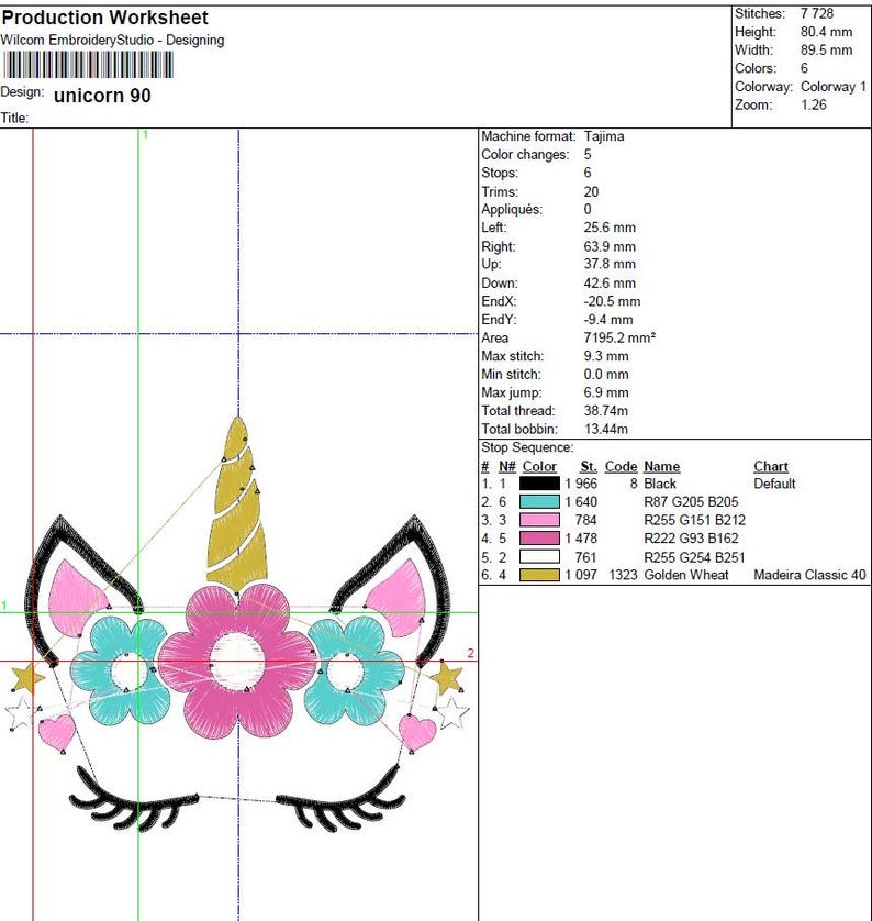 Peut inclure: Une fiche technique de production pour une broderie repr&eacute;sentant une t&ecirc;te de licorne avec une corne dor&eacute;e, des fleurs roses et turquoise, et des cils noirs. Le motif est intitul&eacute; "unicorn 90" et comprend des d&eacute;tails techniques.