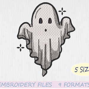 May include: A black and white embroidery design of a cartoon ghost with a simple, friendly face. The ghost is outlined in black and has a textured, flowing design. The design is available in 5 sizes and 9 formats.