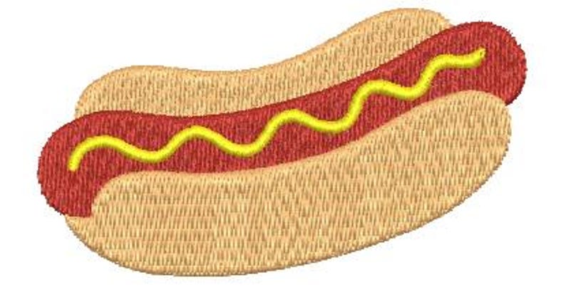 May include: An embroidered image of a hot dog. The hot dog has a red sausage, yellow mustard, and is nestled in a tan bun. The image is a close-up, with the details of the embroidery visible.