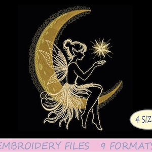 Magic fairy on a black background embroidery design, 4 sizes, Instant Download