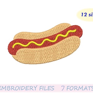 May include: An embroidered hot dog with a red sausage, yellow mustard, and a tan bun. The image includes the text "12 sizes" and "EMBROIDERY FILES 7 FORMATS".
