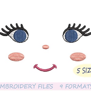 May include: Embroidered face design with blue eyes, black eyelashes, a small pink nose, two pink cheeks, and a pink smiling mouth. The text "5 SIZES" is in a yellow circle. The text "EMBROIDERY FILES 9 FORMATS" is at the bottom.