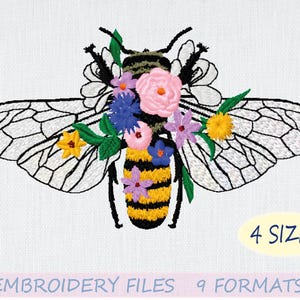 Motif de broderie floral abeille, 4 tailles, téléchargement immédiat